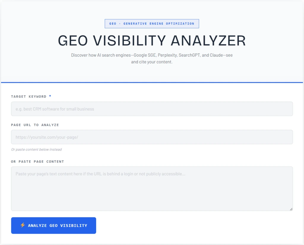 GEO Visibility Analyzer scorecard interface