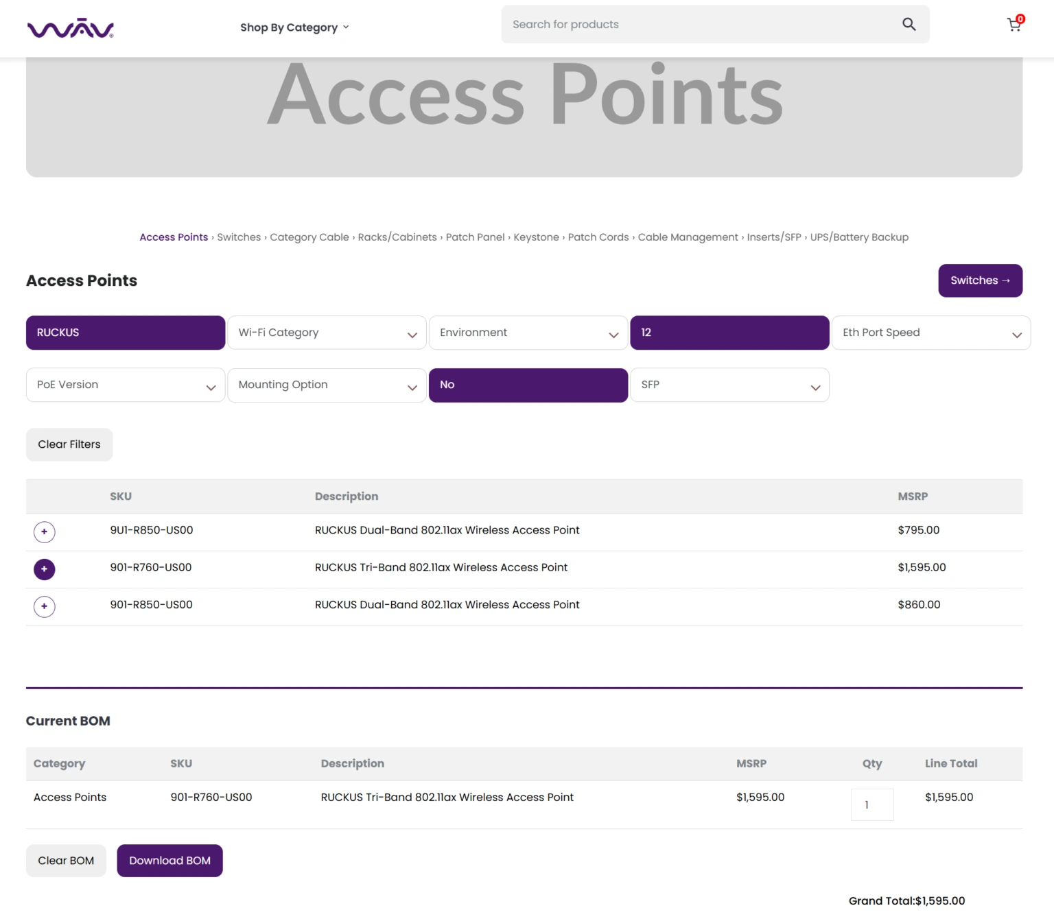 WAV Enterprise BOM Configurator interface